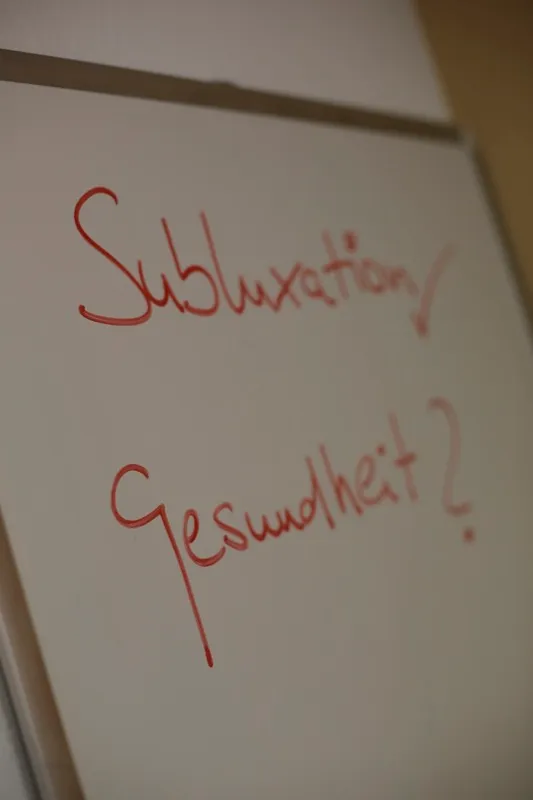 Flipchart mit der handschriftlichen Frage „Subluxation / Gesundheit?"