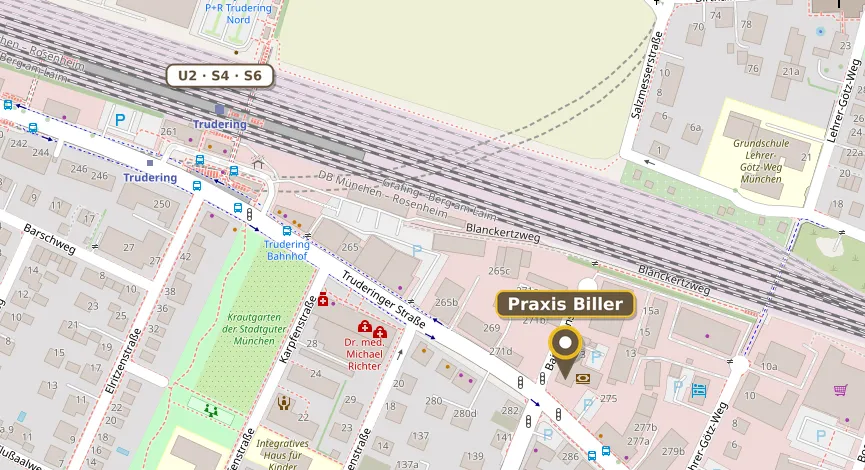 Stadtplanausschnitt: Die Praxis liegt an der Truderinger Straße 273, Ecke Bajuwarenstraße, rund 350 Meter südöstlich des Bahnhofs Trudering mit U2, S4 und S6.